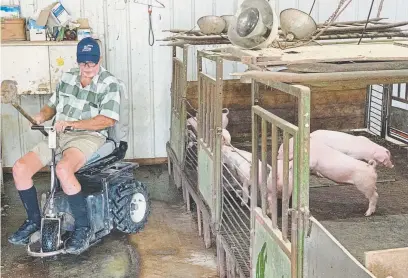  ??  ?? Mark Hosier, 58, rides a scooter as he checks on his pigs on his farm in Alexandria, Ind.