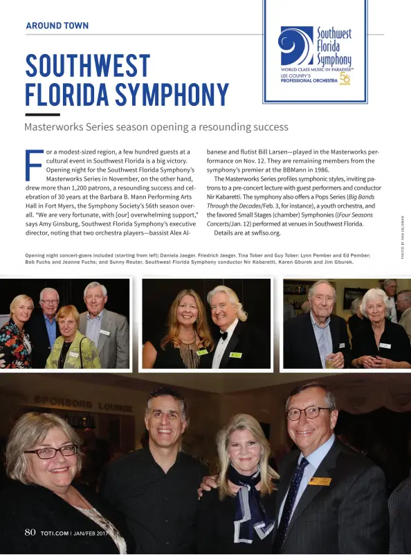  ??  ?? Opening night concert-goers included (starting from left) Daniela Jaeger, Friedrich Jaeger, Tina Tober and Guy Tober; Lynn Pember and Ed Pember; Bob Fuchs and Jeanne Fuchs; and Sunny Reuter, Southwest Florida Symphony conductor Nir Kabaretti, Karen...