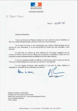  ??  ?? Le coeur y est… pas le chéquier. La réponse, négative, de la cheffe de cabinet du Premier ministre à la demande d’aide financière pour Life for Paris, associatio­n des victimes des attentats du 13 novembre.