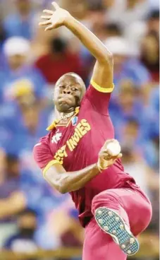  ?? (Photo courtesy Cricket West Indies) ?? Kemar Roach took his 100th ODI wicket to an amazing catch by wicketkeep­er Shimron Hetmeyer diving down the leg side to dismiss Rohan Mustafa.