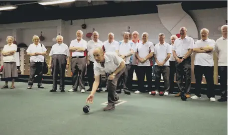  ??  ?? Sunderland club legend Jimmy Lambert delivers the final bowl at Crowtree Leisure Centre..