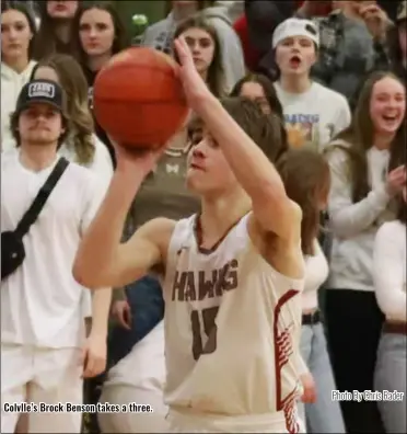  ?? Colvlle’s Brock Benson takes a three. Photo By Chris Rader ??