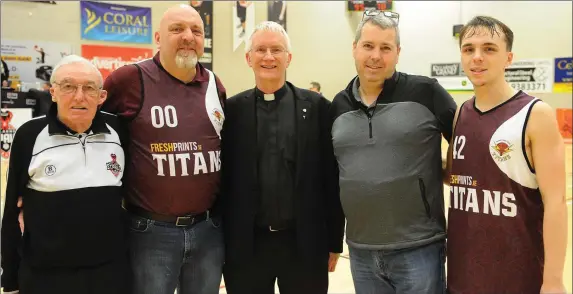  ??  ?? Bishop of Kerry Ray Browne, centre, with from left, Connie Brosnan (venue officer), Joe Coughlan (Galway Titans and former Killarney coach), Niall O’Callaghan (match announcer) and Eoin Coughlan at the Scotts Lakers St. Paul’s versus Galway Titans National League game in Killarney last Saturday. Photo by Eamonn Keogh