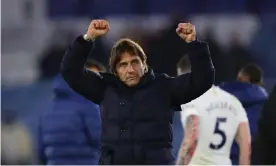  ?? Photograph: Robbie Jay Barratt/AMA/Getty Images ?? Antonio Conte celebrates after Tottenham’s dramatic 3-2 win at Leicester.