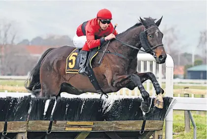  ??  ?? Aaron Kuru rides The Shackler to victory in the Wellington Hurdles at Hastings yesterday.