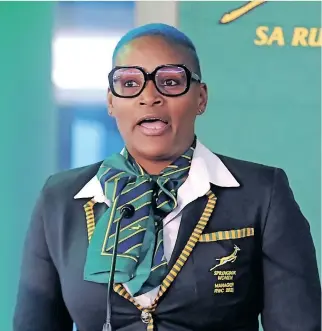  ?? ?? SPRINGBOK Women’s team manager Nomsebenzi Tsotsobe during the player capping before the team departed for New Zealand and Australia for the Women’s Rugby World Cup. | PHANDO JIKELO African News Agency (ANA)