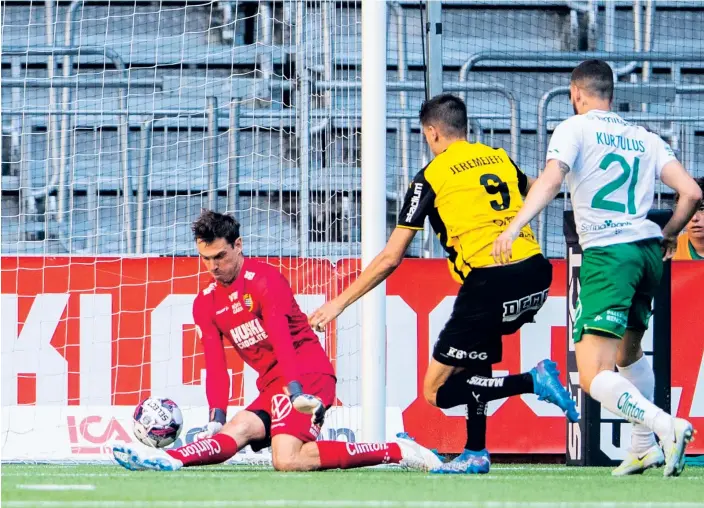  ?? BILD: ANDREAS L ERIKSSON ?? Alexander Jeremejeff rullar in 1–0 till Häcken.