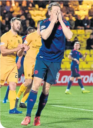  ??  ?? Christophe Berra’s reaction summed up Hearts’ Friday night.