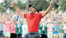  ?? Picture: ANDREW REDINGTON/ GETTY IMAGES ?? GOLF LEGEND: Tiger Woods celebrates during the final round of The Masters at Augusta National Golf Club in Georgia