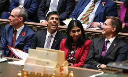  ?? Photograph: UK Parliament/Andy Bailey/PA ?? From left, Dominic Raab, Rishi Sunak, Suella Braverman and Jeremy Hunt on the front bench at PMQs.