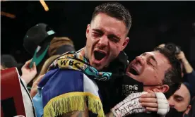  ?? Photograph: Al Bello/Getty Images ?? George Kambosos Jr celebrates his split-decision win against Teófimo López on Saturday night.