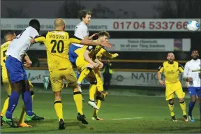  ?? PICTURE: Greig Bertram ?? JACK IN THE BOX: Jack Midson heads home Braintree’s decisive fifth goal to end a thrilling goal extravagan­za at Haig Avenue