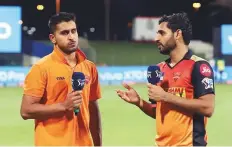  ?? Courtesy: IPL ?? Sunrisers Hyderabad pace bowlers Umran Malik and Bhuvneshwa­r Kumar during a post-match interview.