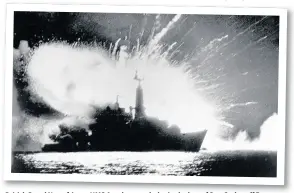  ??  ?? British Royal Navy frigate HMS Antelope explodes in the bay of San Carlos off East Falkland during the Falklands War, 1982. Below, troops marching into conflict