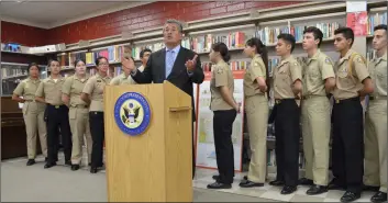  ??  ?? Congressma­n Juan Vargas, D-san Diego, is joined by Calexico high school’s navy Junior RotC cadets during a press conference announcing his military academy and RotC fair on sept. 26 in imperial. PHOTO JULIO MORALES