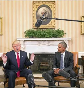  ?? STEPHEN CROWLEY/THE NEW YORK TIMES ?? Donald Trump, then the president-elect, and President Barack Obama in the Oval Office of the White House. For years, Trump promoted the false claim that Obama was not born in the United States. Now, new research offers guidance on how to fight fake news.