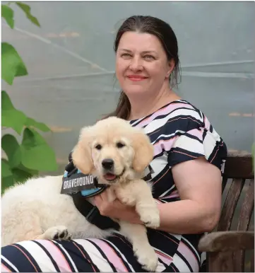  ??  ?? Above left: Paul Wilkie and Irma – ‘She knows when I am sad, she knows when I need her support, she’s an amazing dog’ Above: Bravehound founder Fiona MacDonald with one of the pups in training, Gabby, a labrador