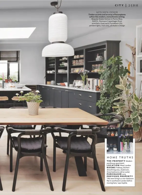  ??  ?? KITCHEN-DINER
Timber accents and an array of houseplant­s soften this modern, monochrome setting. Bespoke Shaker kitchen in Pantry Blue, DEVOL. Normann Copenhagen Knot armchairs, £445 each; Formakami JH3 pendant lights, from £163, all Made In Design