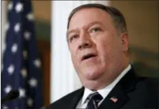  ?? JACQUELYN MARTIN — THE ASSOCIATED PRESS ?? Secretary of State Mike Pompeo speaks about refugees as he makes a statement to the media Monday at the State Department in Washington.