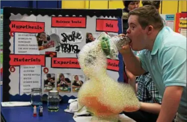  ?? KRISTI GARABRANDT — THE NEWS-HERALD ?? Johnathon Hewitt demonstrat­es his rainbow snake science experiment using homemade soap at the LEEP Science Fair at Broadmoor School on Feb. 15.