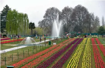  ?? — PTI ?? People enjoy at Asia’s largest Tulip garden on the foothills of Zabarwan range overlookin­g world famous Dal Lake in Srinagar on Thursday. The garden will be thrown open for public on April 1.