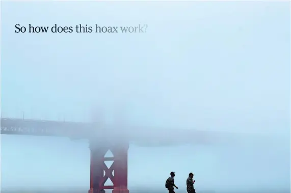  ?? JEFF CHIU/AP PHOTO ?? A man wears a face mask while walking on a pier in front of the Golden Gate Bridge during the coronaviru­s outbreak in San Francisco.