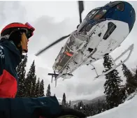  ??  ?? A heli-skiing guide and helicopter in British Columbia’s Skeena Mountains ( above). A winning image from the Canadian Wildlife Photograph­y of the Year competitio­n, taken near Qikiqtarju­aq, Nunavut.