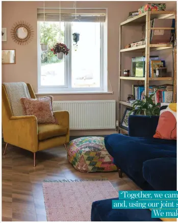  ?? ?? The industrial shelving was a B&M find, which they spray-painted gold to co-ordinate with the rest of the room. ‘We can fit a lot of stuff on them and they’re great for displaying books,’ enthuses Vicky. The Umbra Triflora hanging plant kit was a wedding gift
Molly upcycled the plain mirror with foraged shells from Fleetwood beach, where she grew up
OUR MUST HAVES Pattern Larkspur vinyl flooring, £58.54 per sq m, Harvey Maria. Egyptian cotton towel in Yellow, from £5, Matalan. For a similar soap dispenser try Brown glass refillable pump soap bottle, from £9.99, Lulu Loves
CLOAKROOM