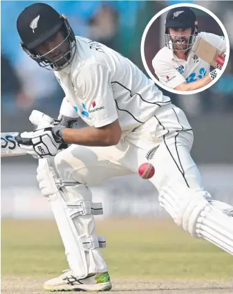  ?? Pictures: AFP ?? New Zealand debutant Rachin Ravindra watches the ball during the drawn Test; (inset) Kiwi captain Kane Williamson.