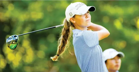  ??  ?? Mississipp­i State incoming freshman Ashley Gilliam plays her tee shot at the 13th hole during the second round of stroke play at the 2019 U.S. Women’s Amateur at Old Waverly Golf Club in West Point Tuesday. (Photo by Steven Gibbons, USGA, for Starkville Daily News)