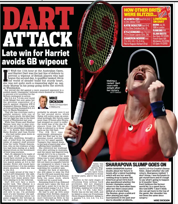  ?? GETTY IMAGES ?? Making a racket: Dart roars with delight after her victory