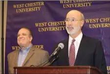  ?? JEN SAMUEL - MEDIANEWS GROUP ?? Pennsylvan­ia Gov. Tom Wolf speaks at West Chester University next to state Sen. Andrew Dinniman on Feb. 13.
