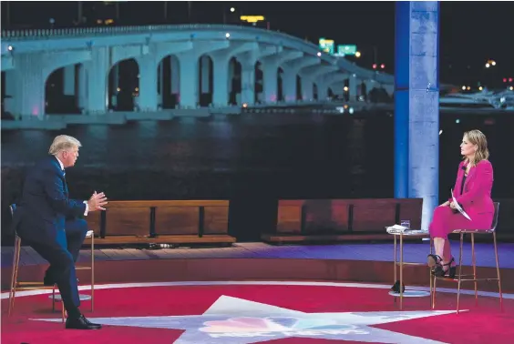  ??  ?? US President Donald Trump and moderator Savannah Guthrie in Miami and (below) Joe Biden in Philadelph­ia. Pictures: AFP