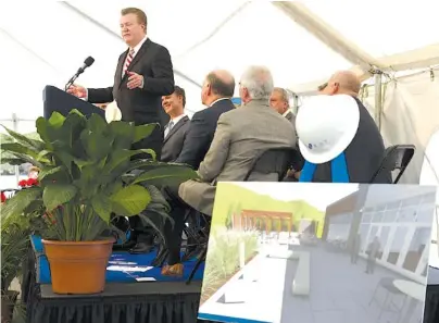  ?? STAFF PHOTOS BY ANGELA LEWIS FOSTER ?? Allen Borden, Tennessee Economic and Community Developmen­t assistant commission­er of business developmen­t, speaks during a groundbrea­king ceremony Friday at La-Z-Boy to begin constructi­on on a new research facility.