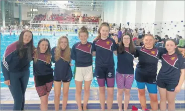  ?? (Pic: Presentati­on Secondary School) ?? Mai McMahon, Eabha Burke, Grace Duggan, Emily Gorey, Kayla Whelan Klonowski, Maria Murphy, Ali O’Donnell and Kate O’Donnell, representi­ng Presentati­on Secondary School, Mitchelsto­wn at the Munster Schools’ Swimming Gala in the University of Limerick.