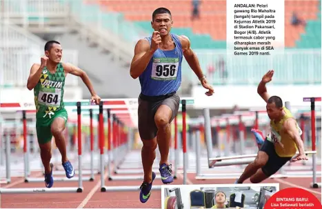  ?? CHANDRA SATWIKA/JAWA POS ?? ANDALAN: Pelari gawang Rio Maholtra (tengah) tampil pada Kejurnas Atletik 2019 di Stadion Pakansari, Bogor (4/8). Atletik termasuk cabor yang diharapkan meraih banyak emas di SEA Games 2019 nanti.