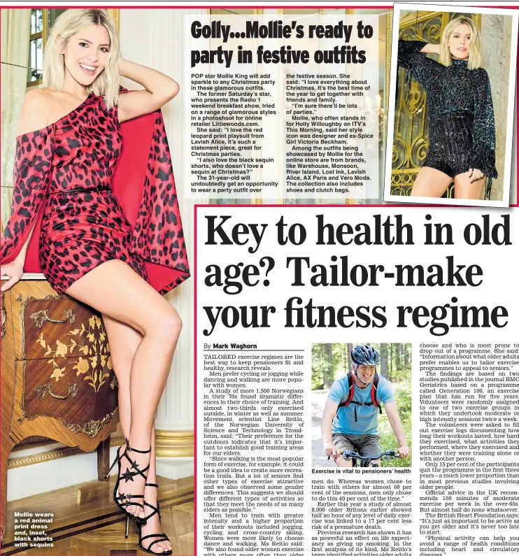  ??  ?? Mollie wears a red animal print dress and, inset, black shorts with sequins Exercise is vital to pensioners’ health