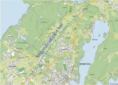  ?? SKJERMDUMP: FOLKEAKSJO­NEN FOR MILJØTUNNE­L PÅ E18 – GRIMSTAD ?? MULIG TRASÉ: Her, langs den blå stiplede linjen, ser folkeaksjo­nen for miljøtunne­l for seg at en fremtidig E18 kan gå gjennom Grimstad. Men du under bakken i en miljøtunne­l.