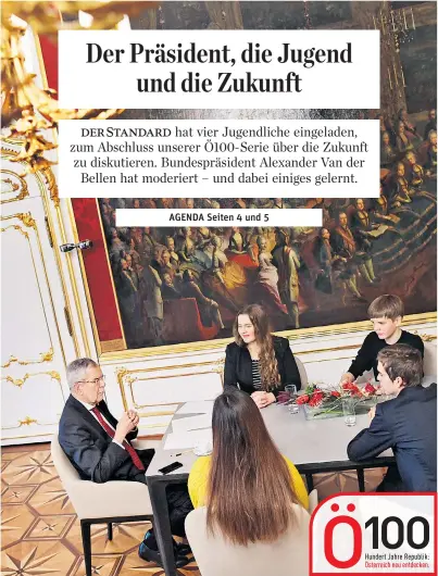  ??  ?? Alexander Van der Bellen, Sofie Kranewitte­r, Mati Randow, Julian Endlicher und Aleyna Oğuz (im Uhrzeigers­inn) reden übers Leben in der Präsidents­chaftskanz­lei.