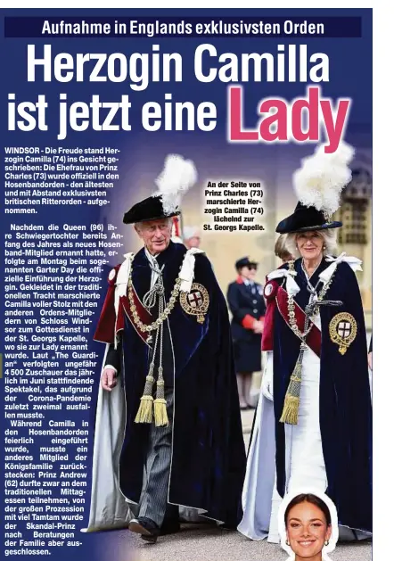  ?? ?? An der Seite von Prinz Charles (73) marschiert­e Herzogin Camilla (74) lächelnd zur St. Georgs Kapelle.