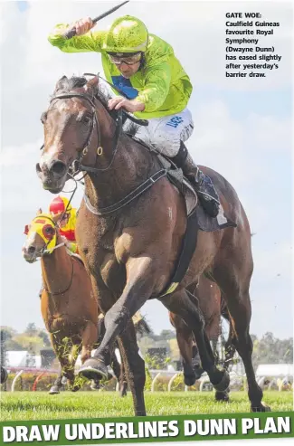  ??  ?? GATE WOE: Caulfield Guineas favourite Royal Symphony ( Dwayne Dunn) has eased slightly after yesterday’s barrier draw.