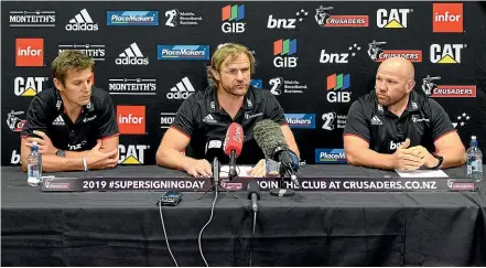  ?? GETTY IMAGES ?? Crusaders head coach Scott Robertson, centre, and assistants Brad Mooar, left, and Jason Ryan speak to media at the team’s squad naming in Christchur­ch yesterday. However the Crusaders could be without their skipper, Sam Whitelock, left, for the first month of the competitio­n.