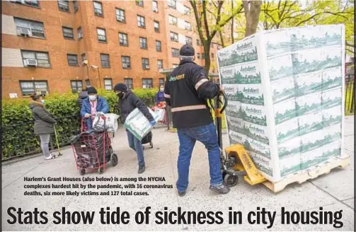  ??  ?? Harlem’s Grant Houses (also below) is among the NYCHA complexes hardest hit by the pandemic, with 16 coronaviru­s deaths, six more likely victims and 127 total cases.