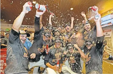  ?? JOSE CARLOS FAJARDO/STAFF PHOTOS ?? The Giants celebrate in the clubhouse after defeating the Los Angeles Dodgers 7-1 Sunday at AT&T Park in San Francisco. They will have to try to duplicate that 6-run spread to ensure success Wednesday when they play the Mets in New York.