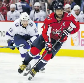  ?? PABLO MARTINEZ MONSIVAIS / THE ASSOCIATED PRESS FILES ?? Two of early candidates for the Conn Smythe Trophy as playoff MVP include Washington Capitals winger Alex Ovechkin and Tampa Bay Lightning centre Brayden Point.