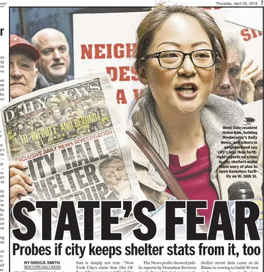  ??  ?? West Side resident Helen Kim, holding Wednesday’s Daily News, and others in neighborho­od say city’s less than forthright reports on crime in city shelters make them wary of plan to open homeless facility on W. 58th St.