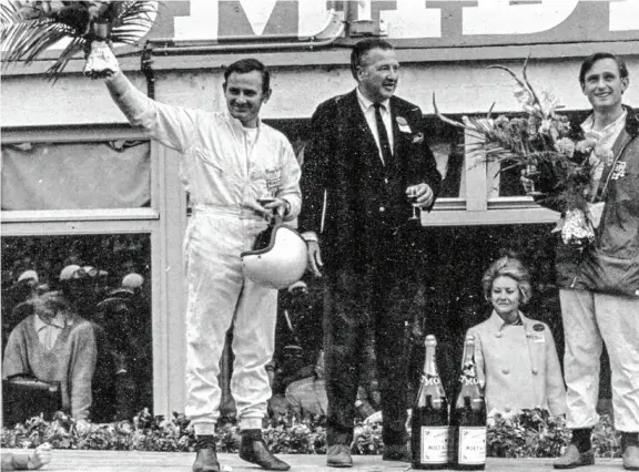  ??  ?? Clockwise from above: Bruce Mclaren and Chris Amon, with Henry Ford II, acknowledg­e the crowd after winning the 1966 24 Hours of Le Mans. There were no permanent racing circuits in the South Island post war — here, two New Zealand–built specials...