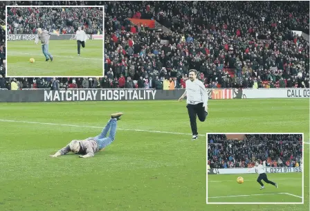  ??  ?? Ralphy Lane falling over as he was about to score on the Stadium of Light pitch, which gifted son Iain the winning goal.