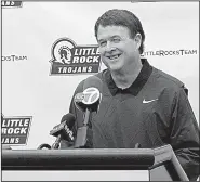  ?? Arkansas Democrat-Gazette/THOMAS METTHE ?? Coach Joe Foley and the UALR Trojans have a tough schedule this season and the weight of being the preseason favorite to win the Sun Belt Conference, but Foley said he isn’t buying the hype. “To me, that’s a prediction. Nobody can predict what’s going to happen,” Foley said.