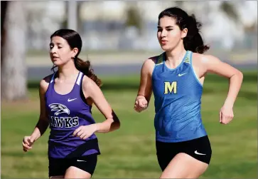  ?? RECORDER PHOTO BY NAYIRAH DOSU ?? Monache High School’s Chanel Bradley, right, placd third in an East Yosemite League dual against Mission Oak, Tuesday, March 2, at Veterans Park.